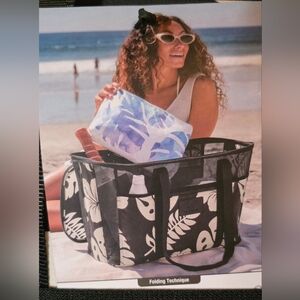 ALOHA Collection Black and White Floral Mesh Beach Tote Collapsible